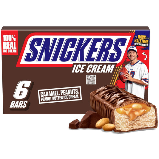 SNICKERS Ice Cream, Chocolate Caramel Peanut Butter Ice Cream Bars Individually Wrapped Dessert, 6 Pack, 2 Oz Bars