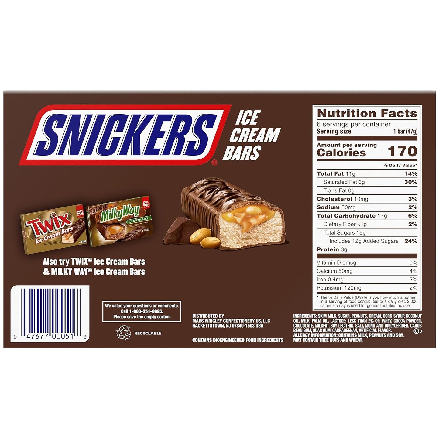 SNICKERS Ice Cream, Chocolate Caramel Peanut Butter Ice Cream Bars Individually Wrapped Dessert, 6 Pack, 2 Oz Bars
