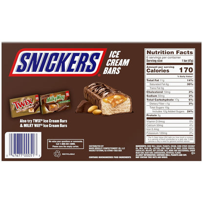 SNICKERS Ice Cream, Chocolate Caramel Peanut Butter Ice Cream Bars Individually Wrapped Dessert, 6 Pack, 2 Oz Bars
